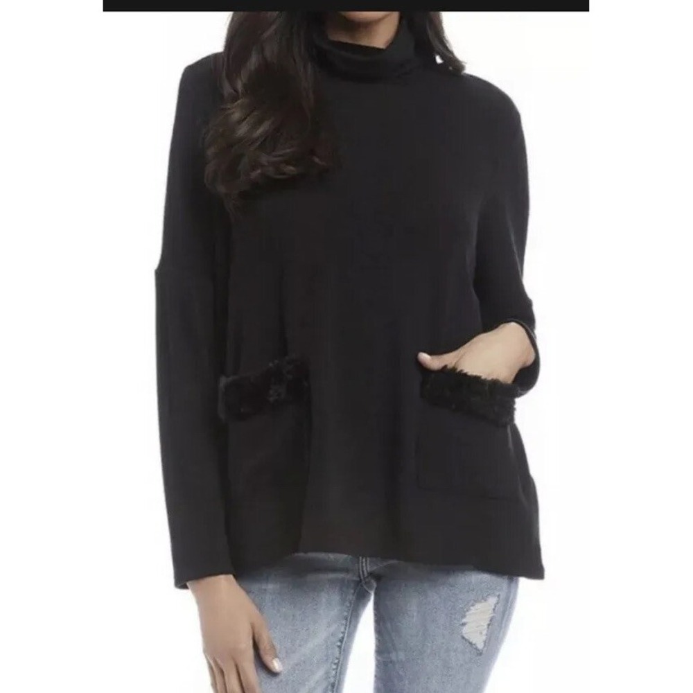 Karen Kane Faux Fur Pocket Sweater Black Turtleneck Pullover Womens Size L NEW